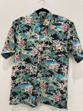 Cooke Street Hawaiian Shirt Men M Tropical Hibiscus Palm Trees Aloha 100% cotton